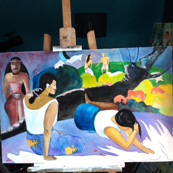 Reproduction du tableau Arearea no varua ino de Paul Gauguin par Lucien Peintre peinture à l'huile